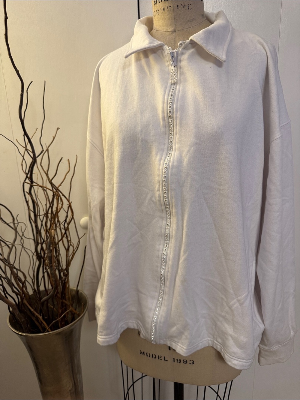 Women's White Zip-Front Collared Sweatshirt with zipper embellishment